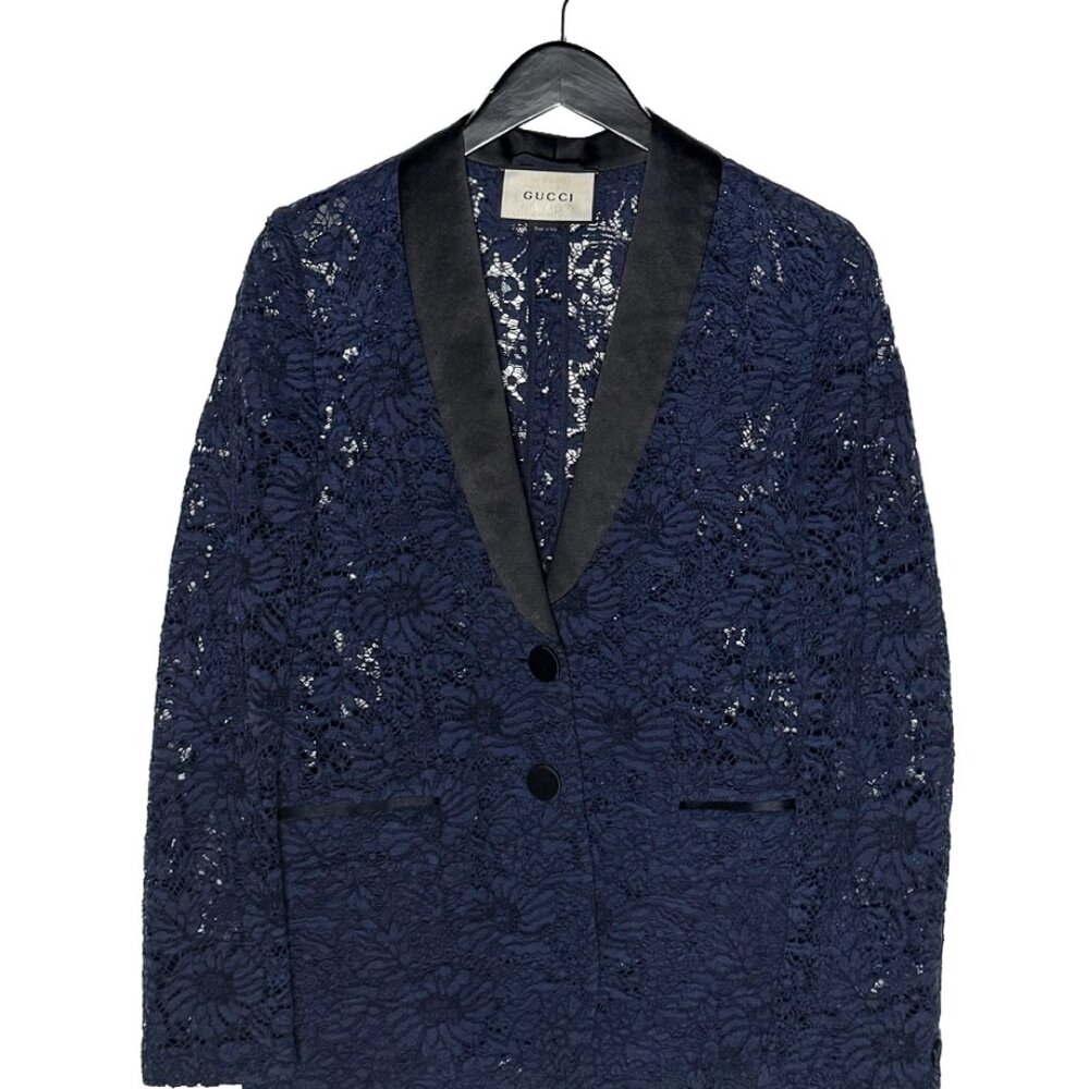 Gucci Navy Blue Lace Satin Tuxedo Lapel Blazer